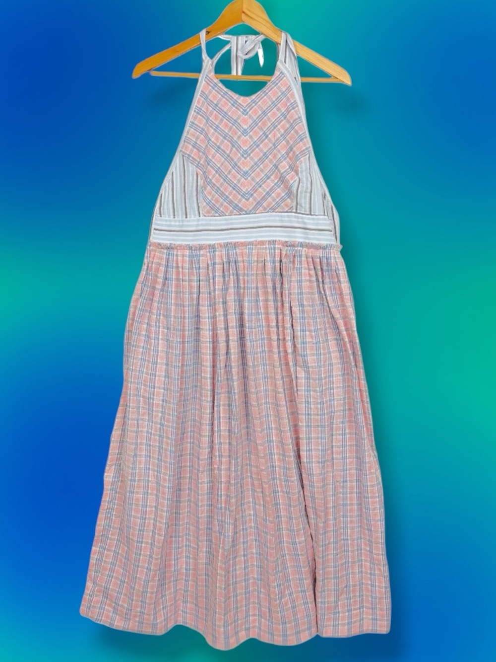 Free People Color Theory Halter Apron Pretty n Plaid Open Back Pastel Midi Dress